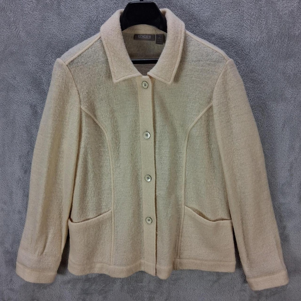 Chico's Women's Wool Jacket Size 2 Cream Button Front Coat Ivory Minimalist